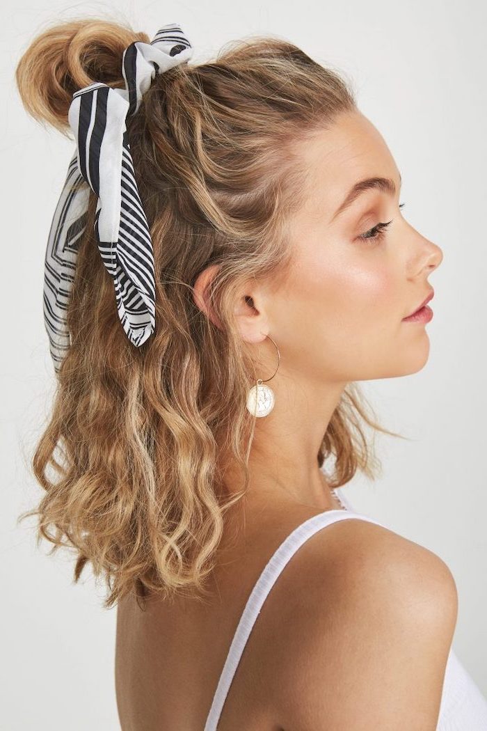 shoulder length hair, woman with blonde hair half up, tied with a silk scarf, wearing white top, white background