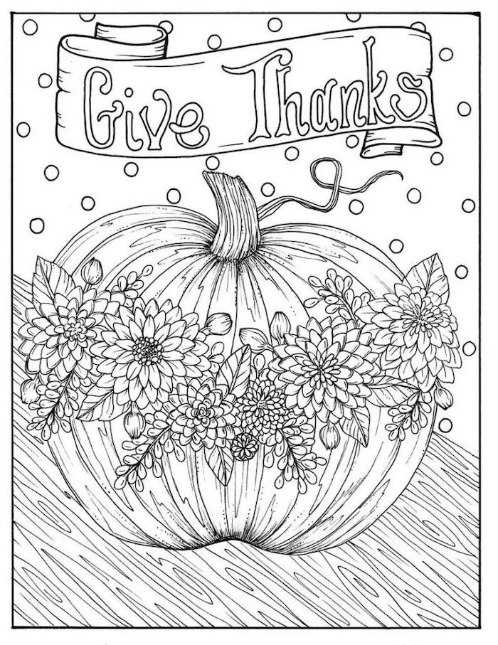 pumpkin with flowers, give thanks, black and white sketch, turkey coloring pages