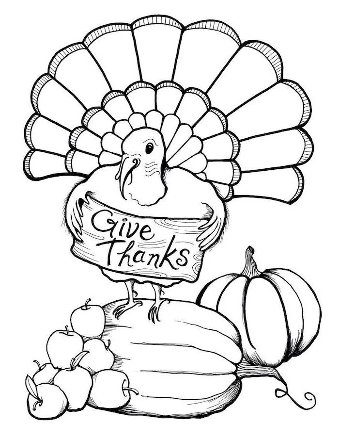 turkey standing on a pumpkin, apples on the side, give thanks, printable thanksgiving coloring pages