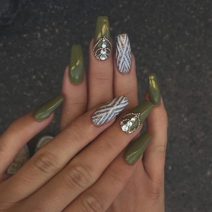 olive green, gold glitter, white nail polish, rhinestones on nails, long coffin nails, 2019 nail trends