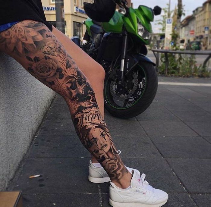 white sneakers, green motorcycle, woman with whole leg tattoos, thigh tattoos for girls