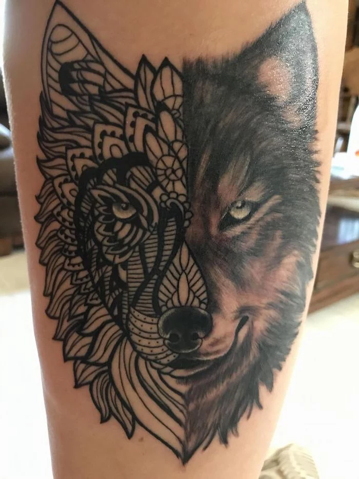 thigh tattoo ideas, half wolf, half mandala, blurred background