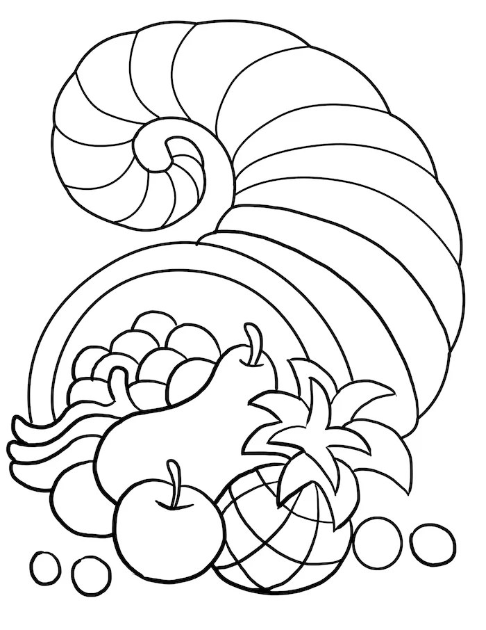 turkey printable, cornucopia full of fruits, pears and apples, grapes and pineapple, black and white sketch