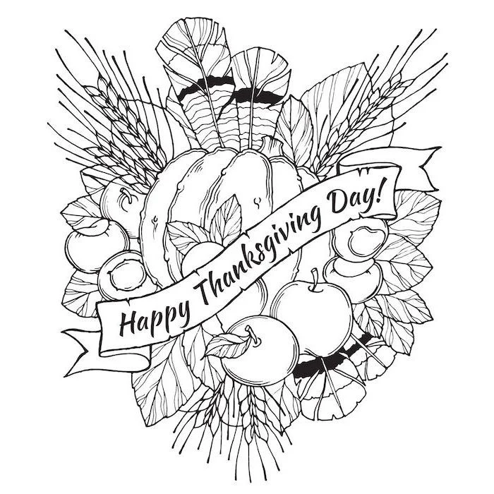happy thanksgiving day, turkey coloring pages, pumpkin surrounded by apples, fall leaves