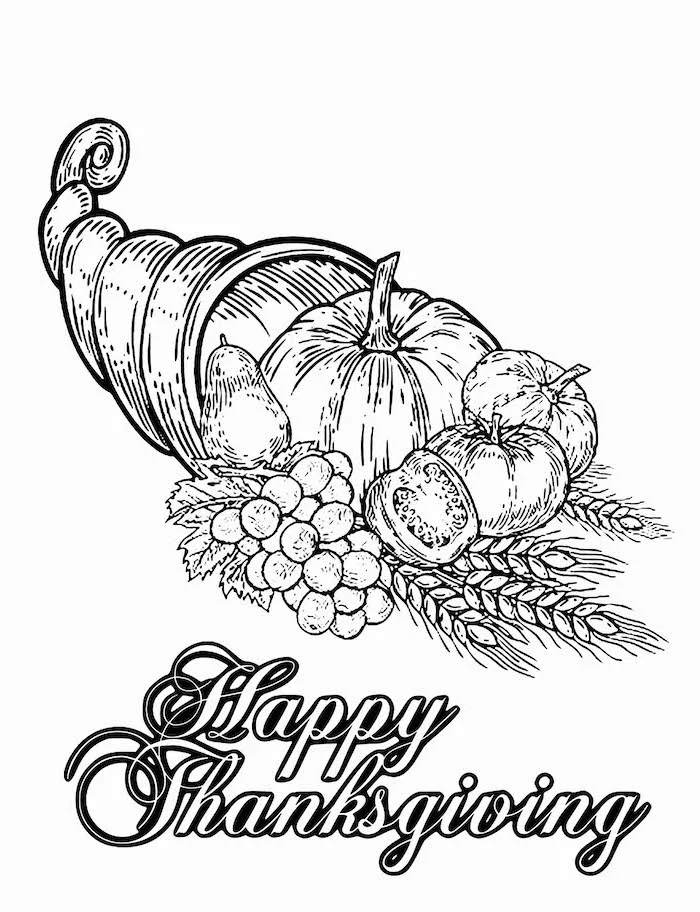 cornucopia with pumpkins, apples and grapes, turkey coloring pages, happy thanksgiving