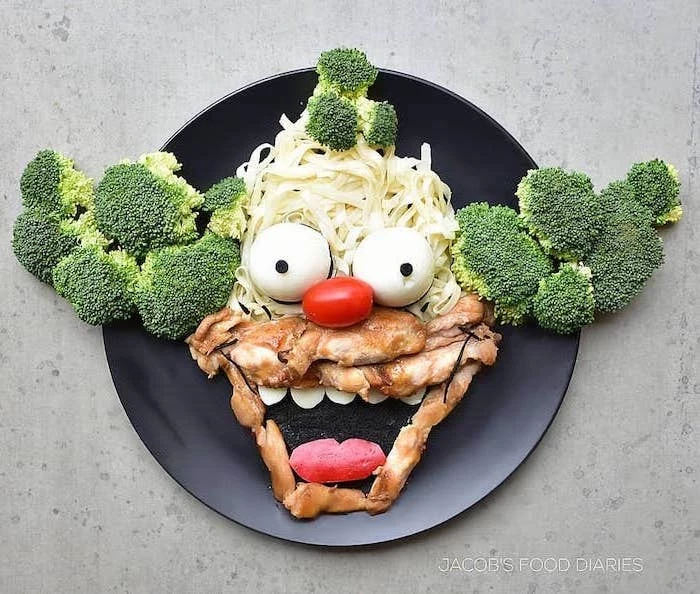 krusty the clown, the simpsons inspired, diet plans for women, broccoli and noodles, meat and eggs, black plate