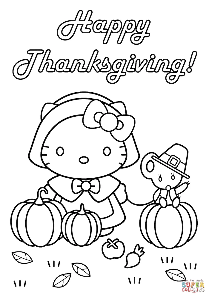 happy thanksgiving, hello kitty, pumpkins and apples, turkey printable, black and white sketch