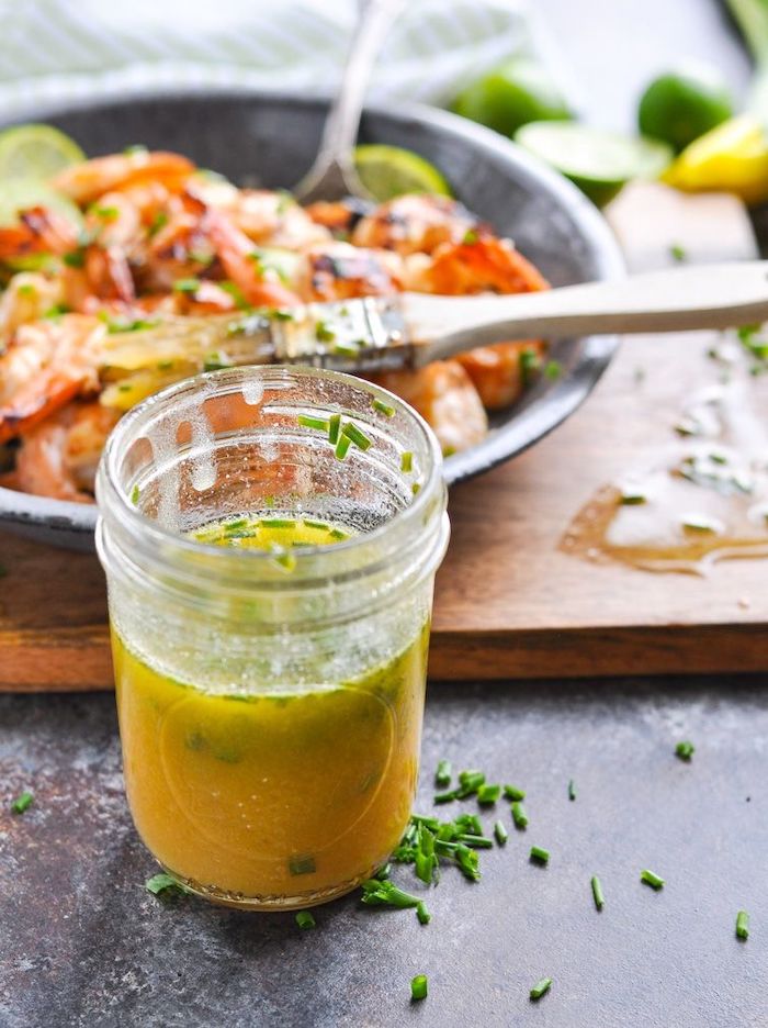 honey lime sauce, in a mason jar, weight loss meal plan, shrimp in a ceramic bowl, wooden cutting board