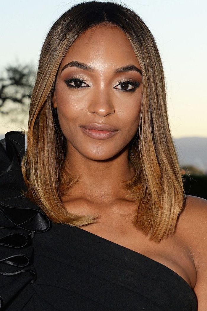 jourdan dunn, wearing a black dress, hairstyles for medium length hair, light brown straight hair