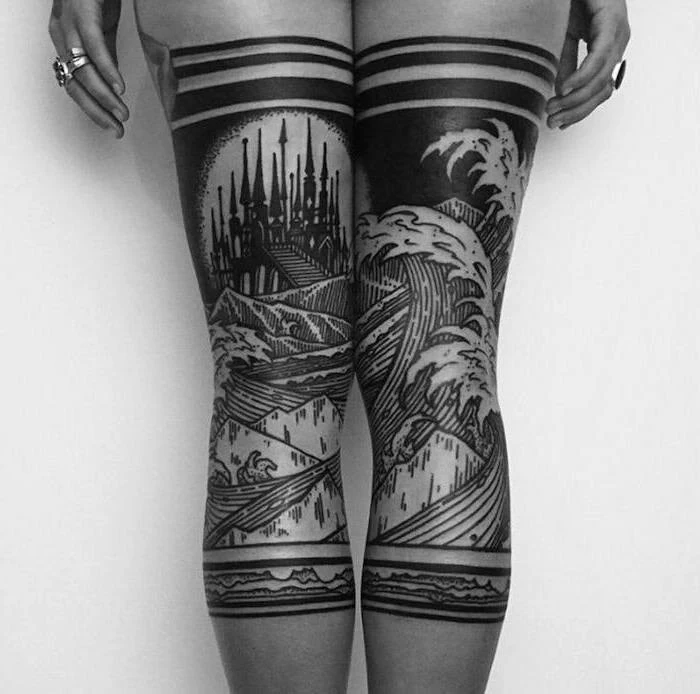 black and white photo, thigh tattoo ideas, giant waves, castle in the far distance, large tattoo, on both legs