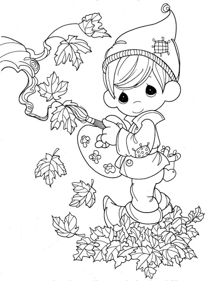 little boy, drawing fall leaves, black and white sketch, turkey printable, wearing a beanie