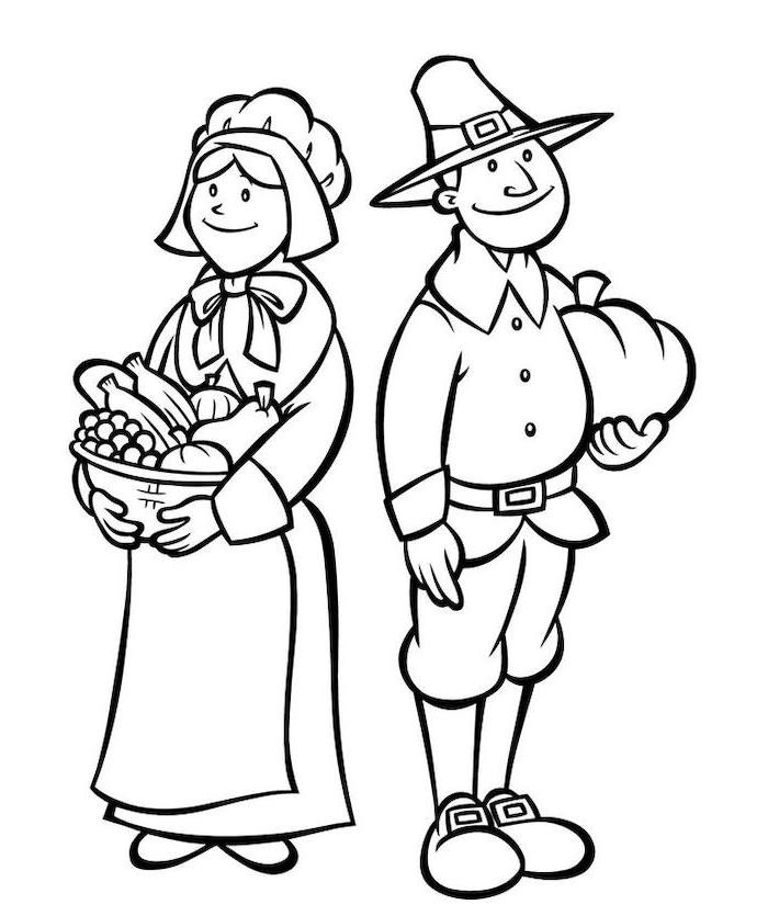 man holding a pumpkin, woman holding a basket, full of fruits, free thanksgiving coloring pages, black and white sketch