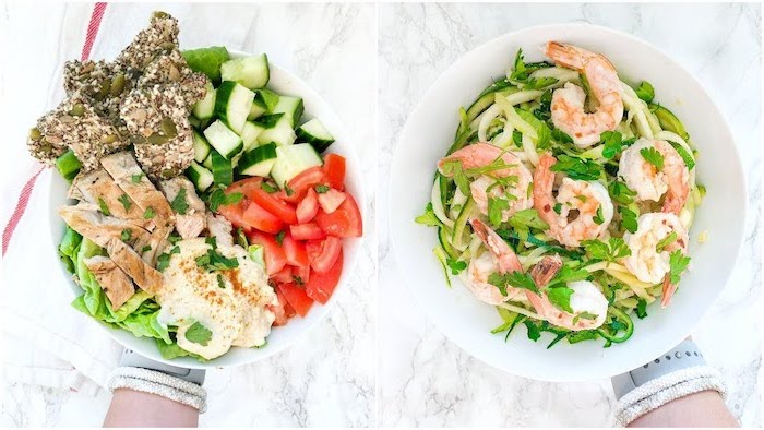 side by side photos, two different meals, foods that help you lose weight, shrimp with zoodles, meat with veggies