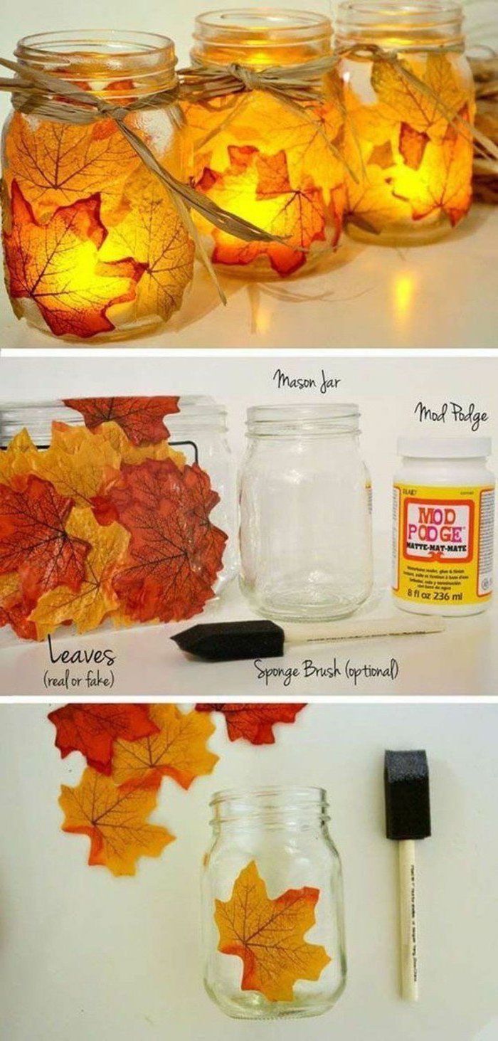 fall leaves, glued to a mason jar, pinterest thanksgiving, candles inside, step by step, diy tutorial