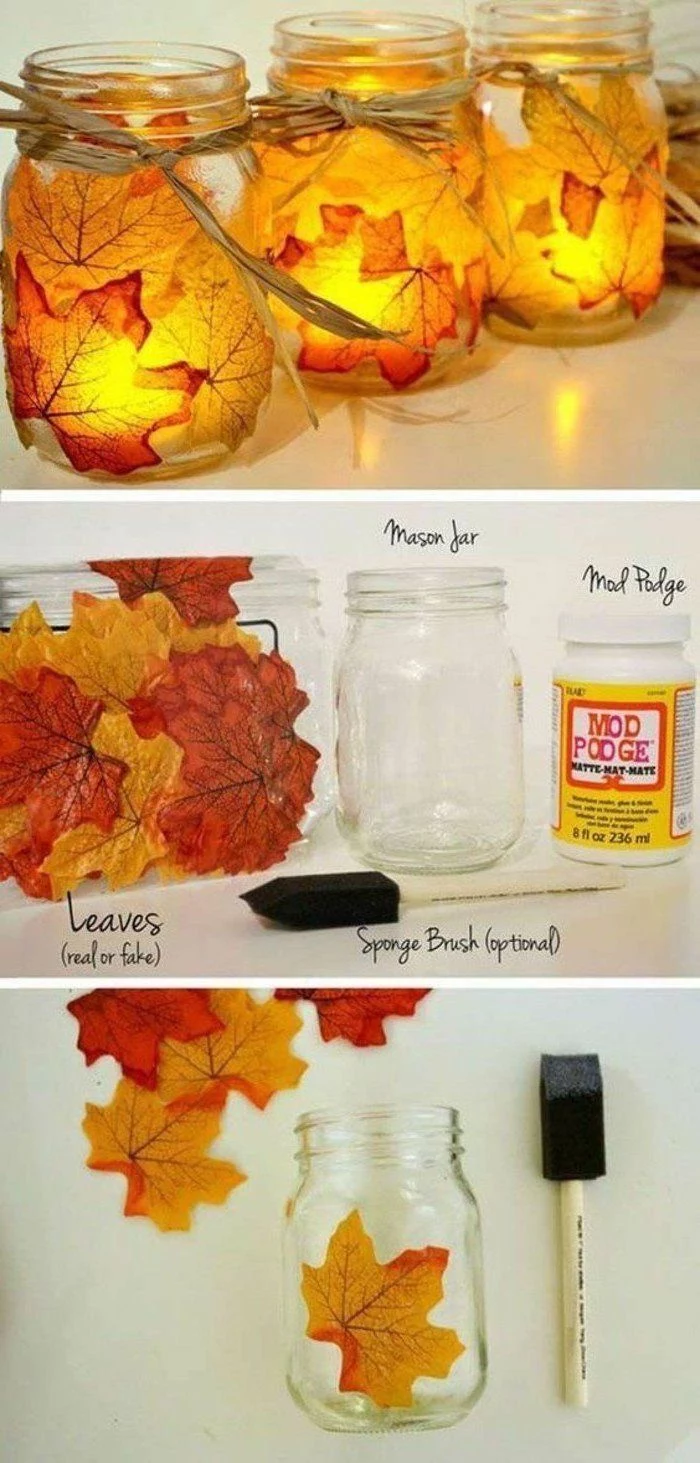 fall leaves, glued to a mason jar, pinterest thanksgiving, candles inside, step by step, diy tutorial