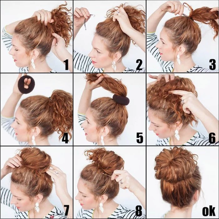 photo collage, messy bun, step by step diy tutorial, medium length haircuts for women, woman with red hair