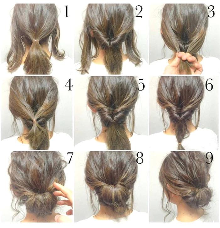 step by step diy tutorial, low chignon on brown hair, medium length haircuts for women, photo collage