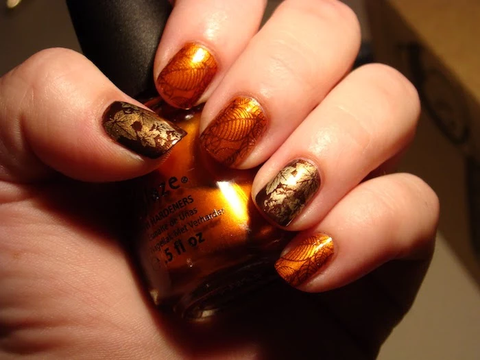 orange and brown, nail polish, fall leaves, nail decorations, nail polish bottle, cute fall nails, short nails