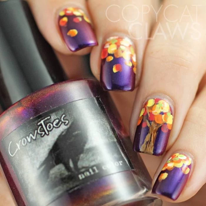 purple metallic, nail polish, orange and yellow, fall leaves, nail decorations, cute fall nails, squoval nails