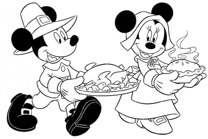 mickey mouse, carrying a roasted turkey, free thanksgiving coloring pages, minnie mouse, carrying a pie