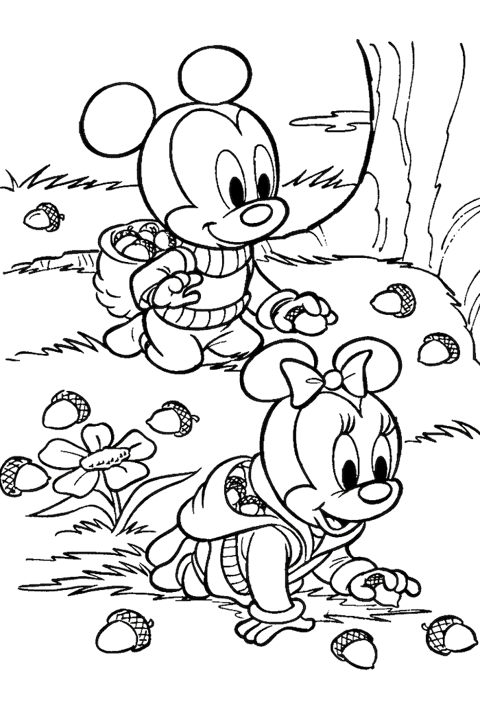 mickey mouse, minnie mouse, gathering acorns, in small bags, free thanksgiving coloring pages, under a tree