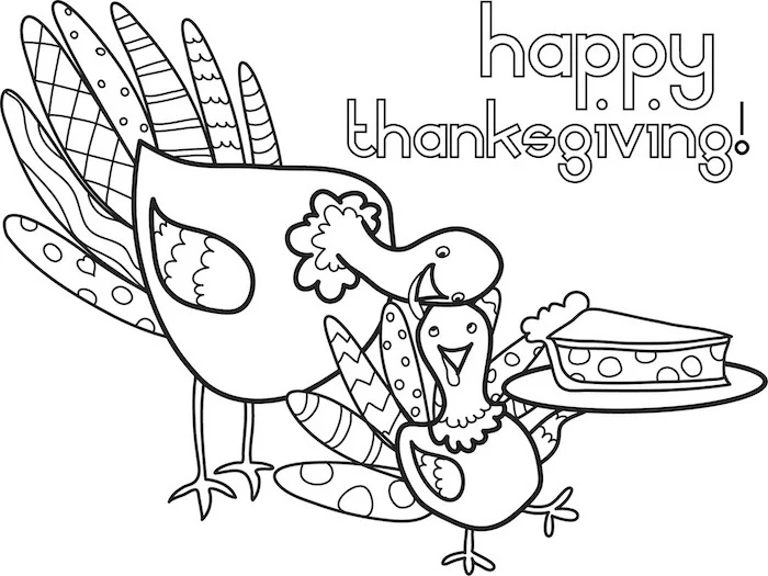 free thanksgiving coloring pages, happy thanksgiving, mother turkey, baby turkey, holding a pie