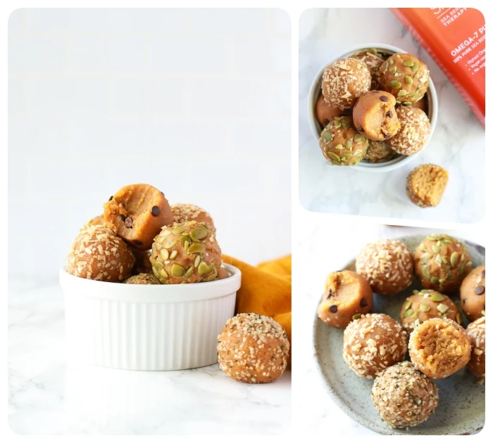 peanut butter, no bake energy bites, with pistachio nuts, coconut flakes, in white bowls, photo collage
