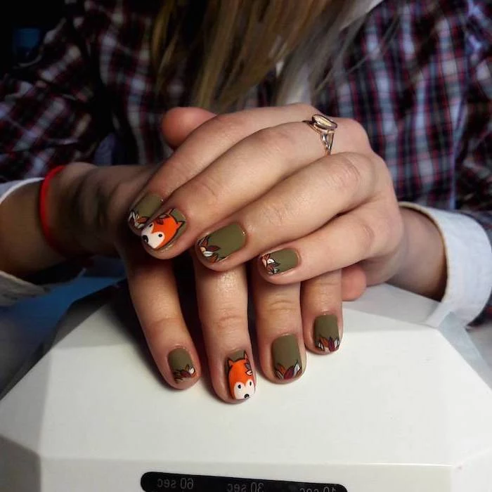 olive green, nail polish, orange fox, nail decorations, cute fall nails, flannel shirt, gold ring, squoval nails