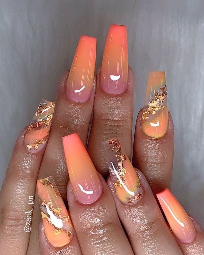 light nail colors, orange and pink, nail polish, ombre nails, gold glitter, nail decorations, long coffin nails