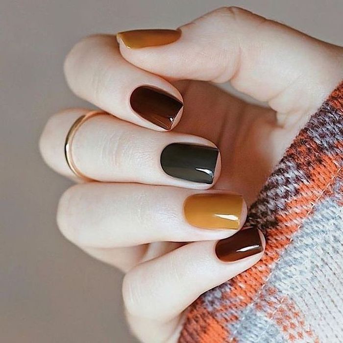 orange and grey sweater, short nails, light nail colors, orange and grey, burgundy red, nail polish