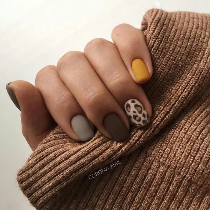 yellow and brown, grey and leopard print, matte nail polish, brown sweater, squoval nails, neutral nail colors