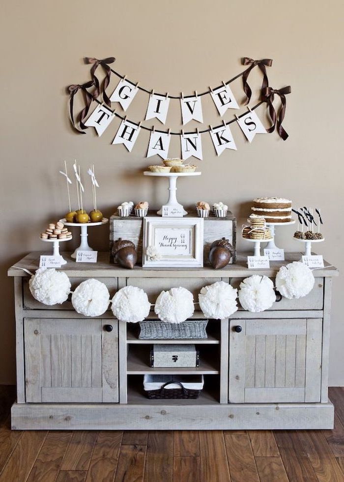 give thanks banner, rustic decor, dessert table, pinterest thanksgiving, white cake stands, wooden floor