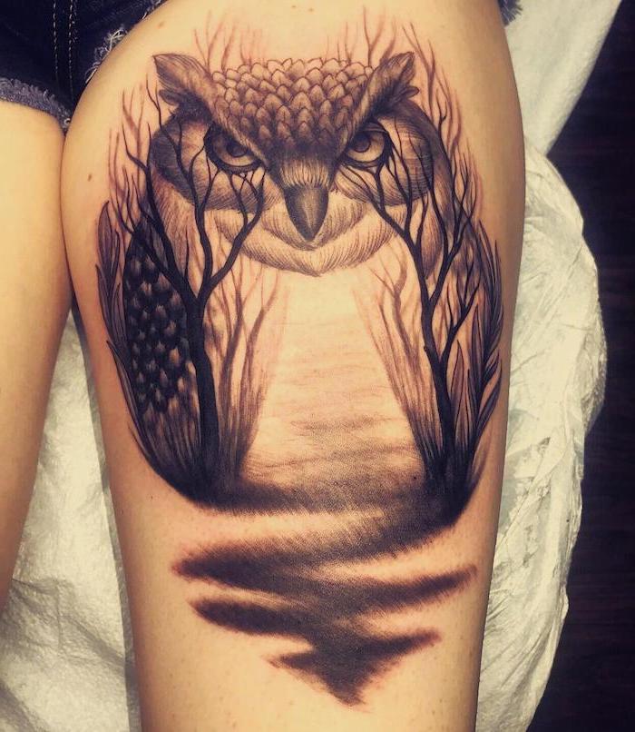 owl between trees, forest pathway, denim shorts, white background, leg tattoos for women
