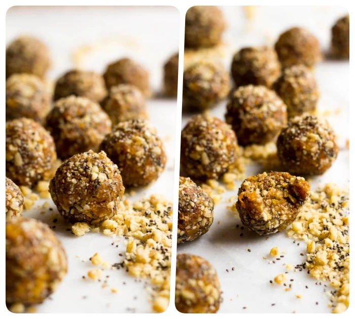 side by side photos, peanut butter oat balls, with nuts, chia seeds, scattered on white table