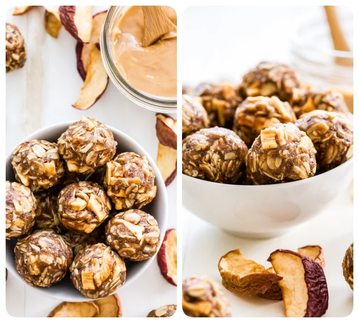 white wooden table, dried apples, peanut butter oat balls, with nuts, in a white bowl, side by side photos