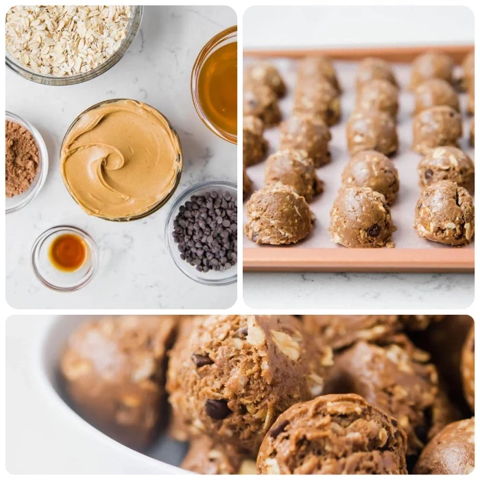 side by side photos, ingredients in glass bowls, no bake energy bites, arranged on a tray