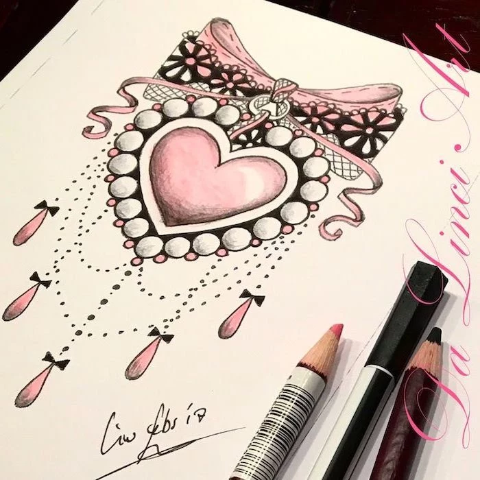 pencil sketch, pink heart and bow, pink beads, leg tattoos for girls, white background