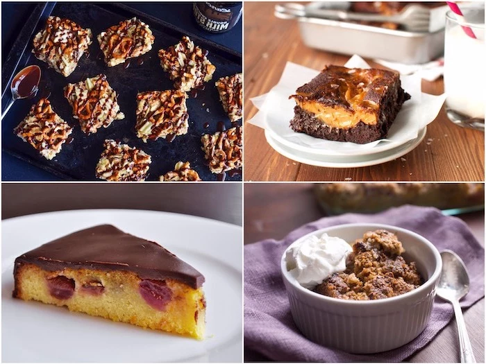 photo collage, four different desserts, thanksgiving cake ideas, with chocolate