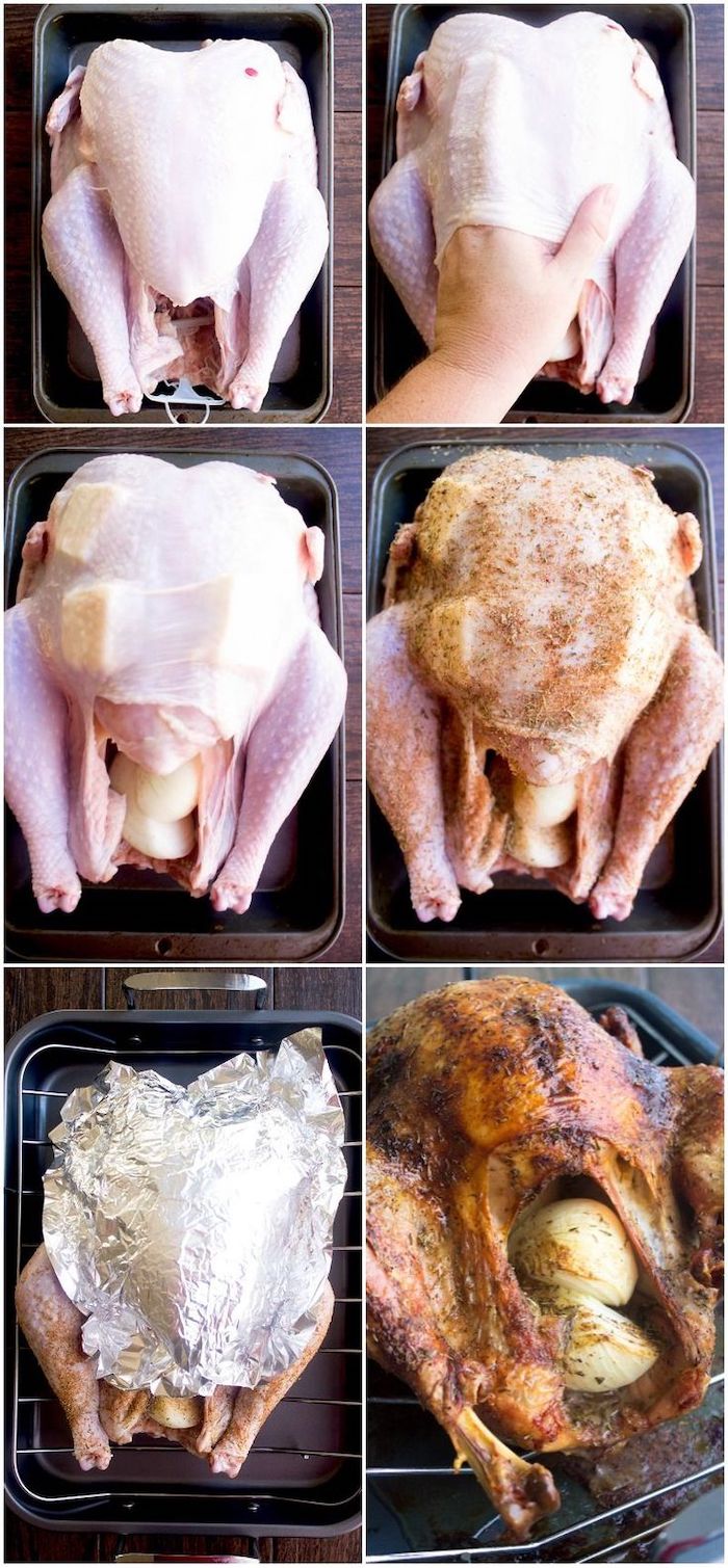 step by step, diy tutorial, photo collage, stuffed turkey, with onion and butter, thanksgiving turkey recipe
