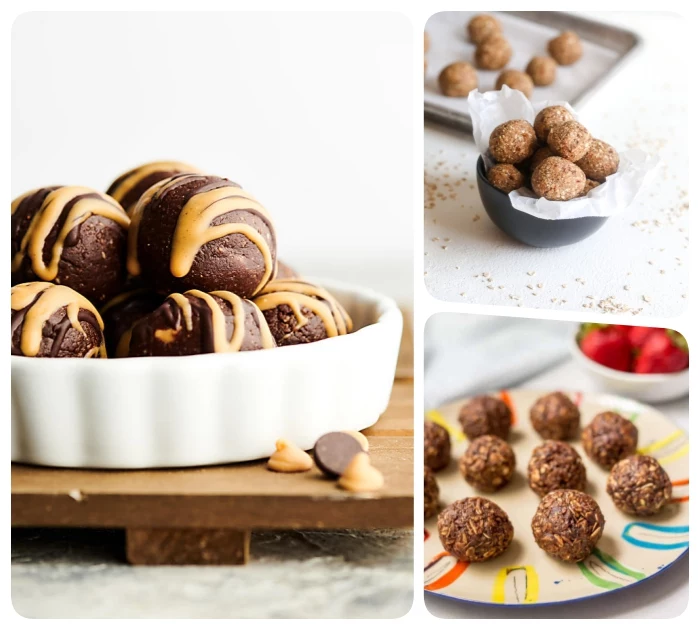 peanut butter drizzle, chocolate truffles, with nuts, in different bowls, energy balls recipe, photo collage