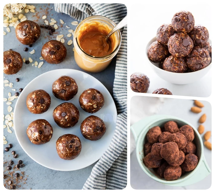 photo collage, chocolate truffles, with chocolate chips, covered in cocoa, white and blue bowls, protein bites recipe