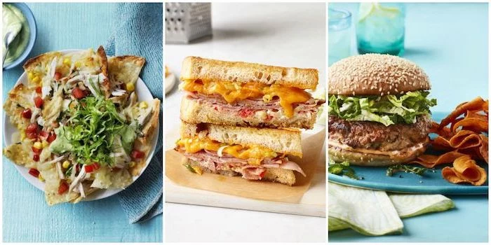 photo collage, side by side photos, what to make for dinner tonight, different ideas, nachos and burger, grilled cheese sandwich