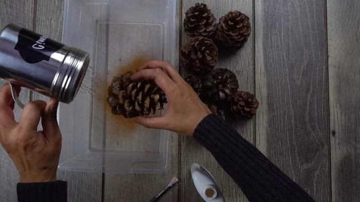 pine cones, covered with cinnamon powder, turkey decoration, in a plastic container, on wooden table, step by step, diy tutorial