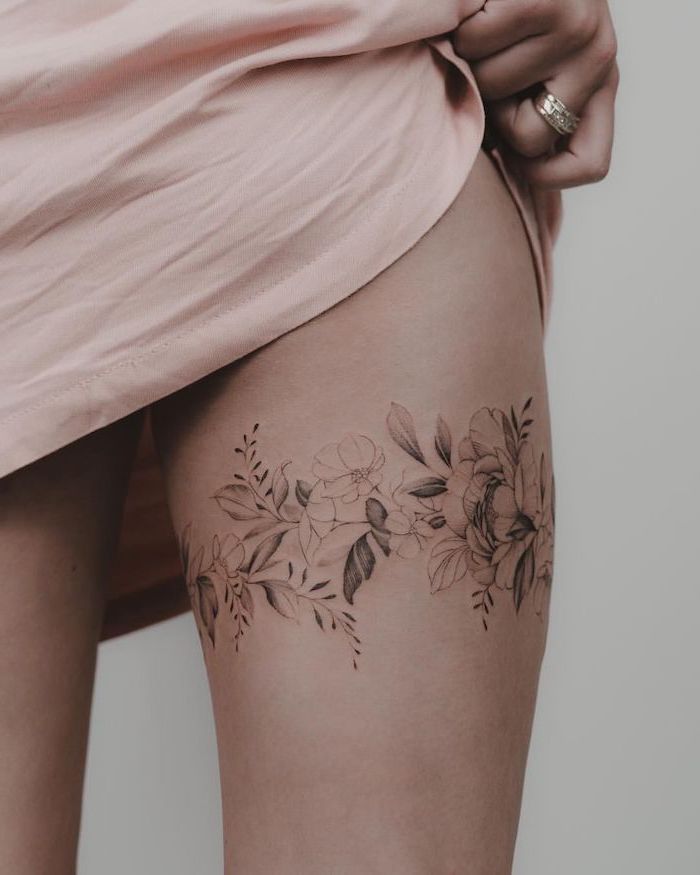 pink dress, floral crown, rose thigh tattoo, white background