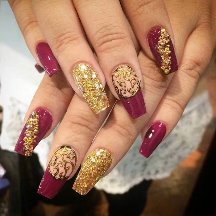 gold glitter, dark purple, nail polish, nail decorations, light nail colors, long coffin nails