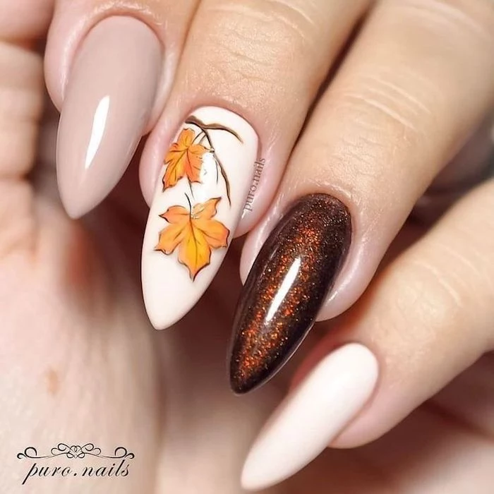 white and grey, brown glitter, nail polish, fall leaves, nail decoration, neutral nail colors, long almond nails