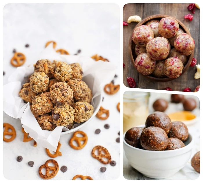 pretzels scattered around a white table, oatmeal bites, protein bites recipe, white bowls, wooden table
