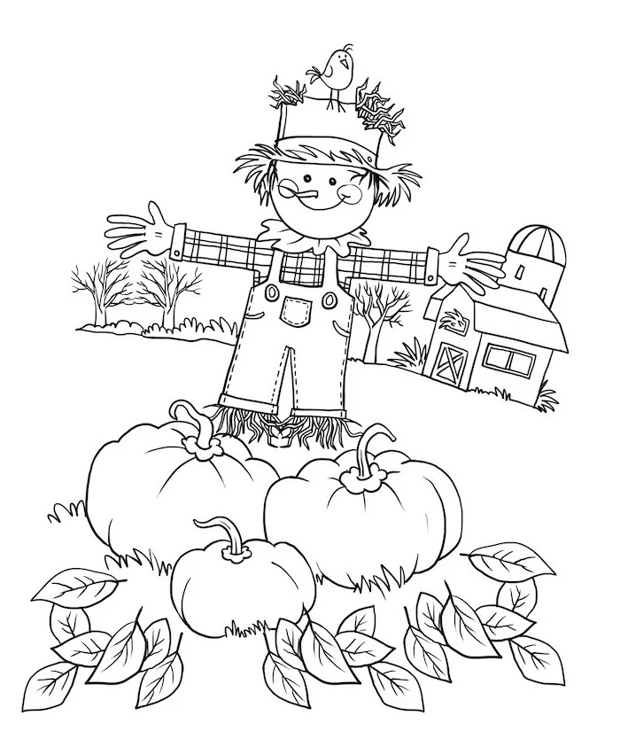 scarecrow and bird, pumpkins around it, fall leaves, turkey coloring pages, barn and trees, in the background
