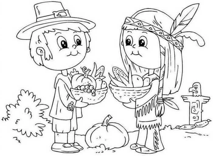 boy and girl, carrying baskets, full of fruits, free thanksgiving coloring pages, native american