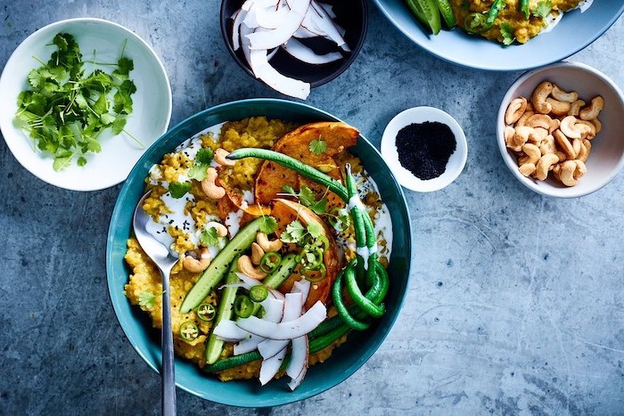 pumpkin squash, with cucumbers and beans, in a blue bowl, what to make for dinner tonight, granite countertop